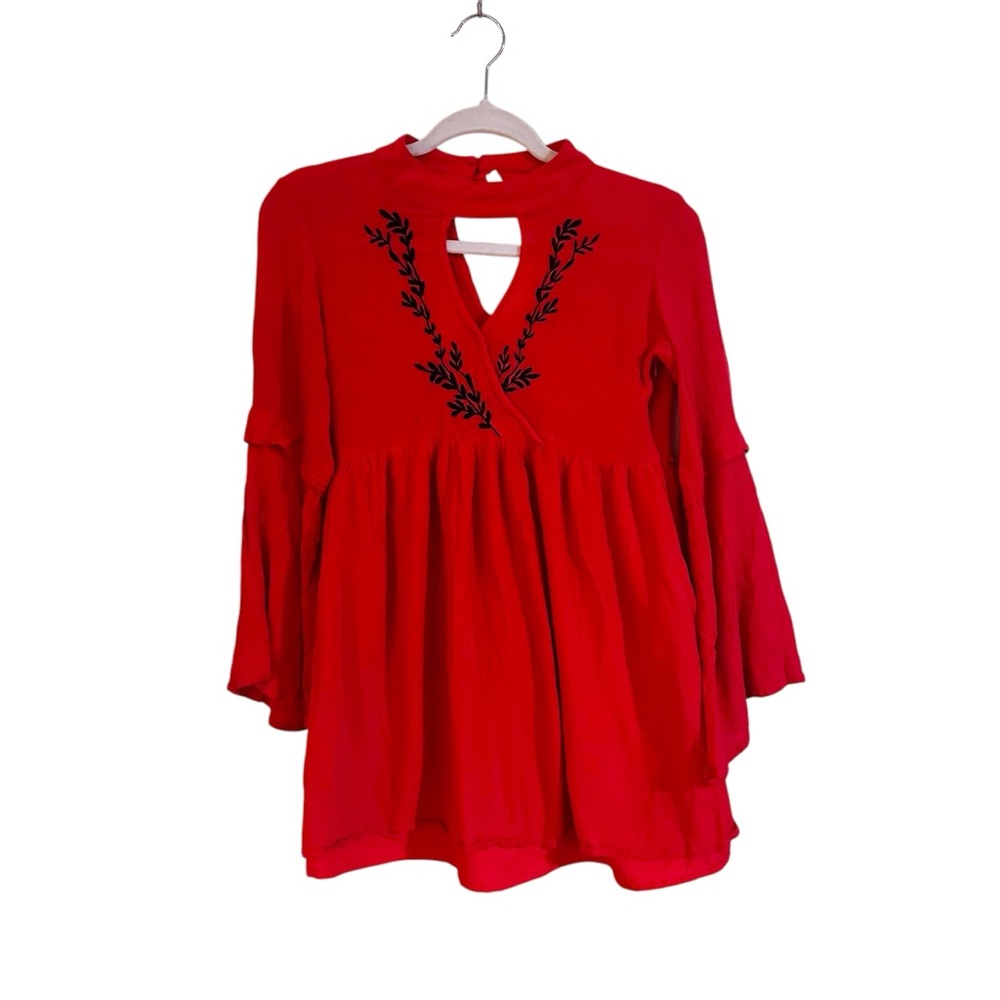 Retro 60s Choker Mini Dress with Embroidery and Bell Sleeves Medium